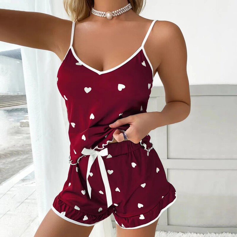 European and American Foreign Trade Ladies Ice Silk Summer Sling Home Clothes suit Soft Dressing Cute Printed Pajamas Wholesale
