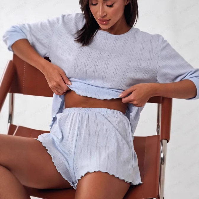 2025跨境爆款针织棉舒适透气女睡衣春秋短袖短裤居家两件套家居服