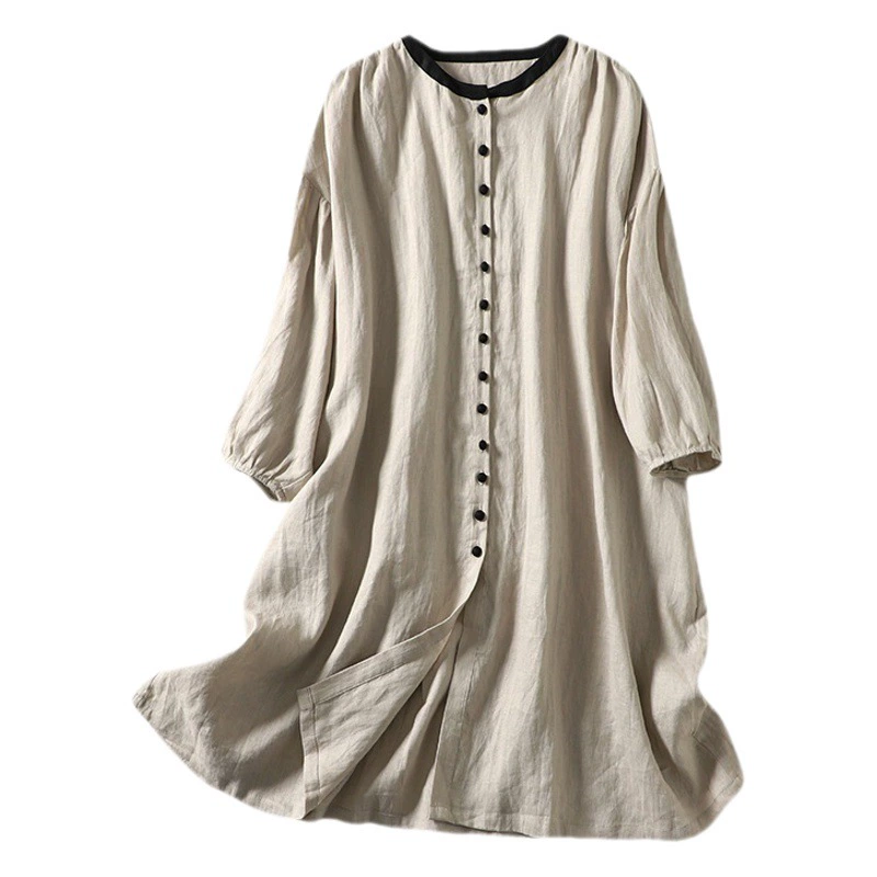 Фото реального образца: тренч из хлопка и льна 2025 года для весны и осени, художественный, оверсайз, свободного кроя, омолаживающий, повседневный, средней длины, элегантный кардиган-жакет.