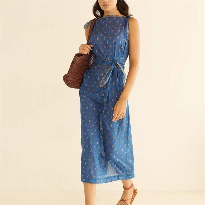 26 New Summer Style Resort-Style Cotton Retro Printed Tie-Knot Waist-Cinching Sleeveless Long Dress