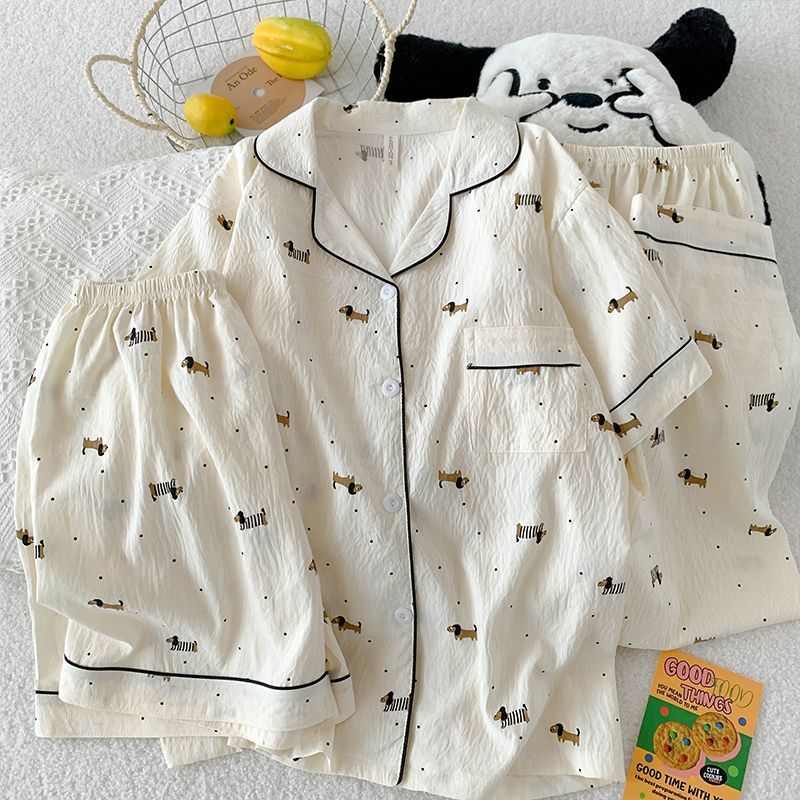 Verano nuevo estilo pijama mujer nube algodón 120g solapa cárdigan pantalones cortos de manga corta pantalones de tres piezas lindo servicio a domicilio