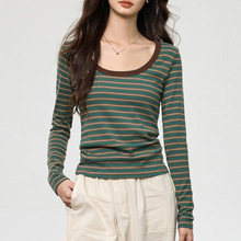 #甄选纯棉#撞色条纹打底衫女内搭2025新款洋气大圆领长袖T恤上衣