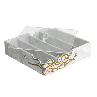 Acrylic White Marble Multi-Grids Tableware Knife, Fork and Spoon Storage Box with Lid and Printing Suitable for Dining Table