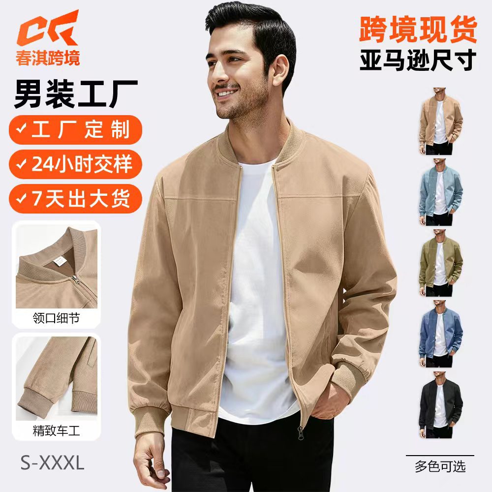 Chaqueta de aviador de gamuza para hombre, estilo europeo y americano, para otoño, color sólido, con cremallera, estilo retro americano, de manga larga.