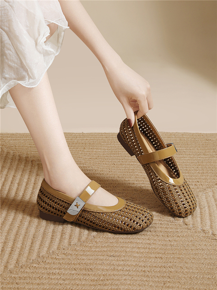 Dép sandal nữ da thật dệt rỗng mũi tròn đế bệt quai chữ V — 6057 Màu cà phê, 6057 Màu be chi tiết 8