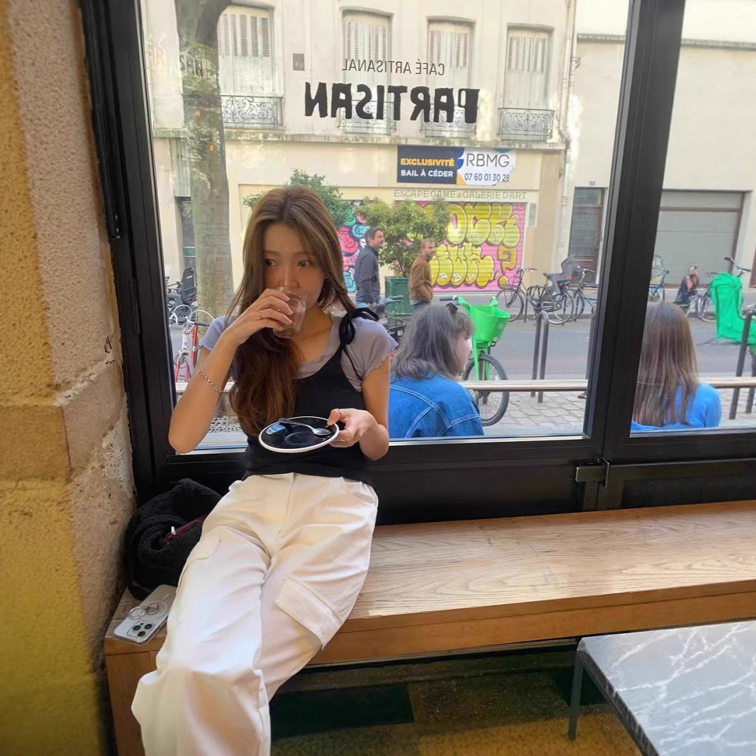 Now Korean Designer Tann*T Ear-Shaped Short-Sleeved + Sling Korean Women's Sweet Age-Reducing Sling Two-Piece Set