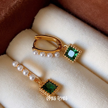 铜镀真金复古祖母绿几何方形耳坠小众珍珠耳扣气质通勤百搭耳环女