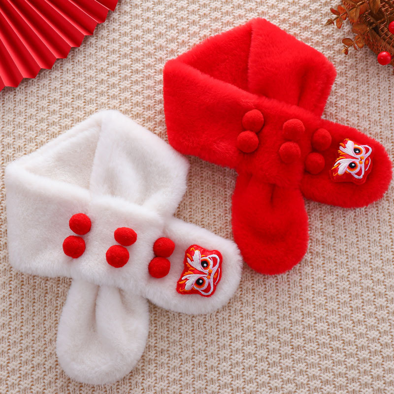 Children's New Year and Christmas Atmosphere Plush Scarf for Infants and Toddlers, Cute, Soft and Warm Red Scarf