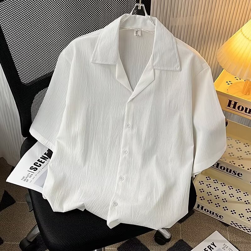 ForMen High-End Draped Ice Silk Shirt For Men, Short Sleeve Loose Fit American Cuban Collar Shirt, Summer Trendy Cool Couple's_voghion.com