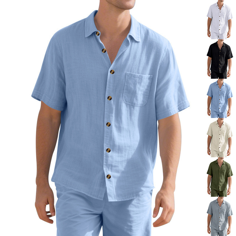 Transfronterizos Amazon hombre verano sólido con lazo de cuello corto Cardigan de manga corta camisa de vacaciones Casual comercio exterior hombre