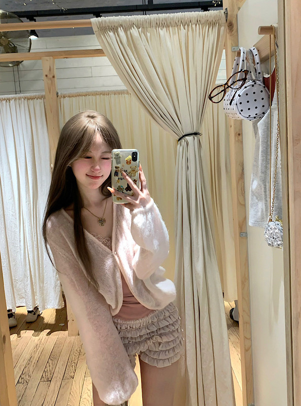 Imitation Mohair Pink Knitted Cardigan Women's Autumn 2024 New Style Soft Waxy V-neck Thin Long Sleeve Top