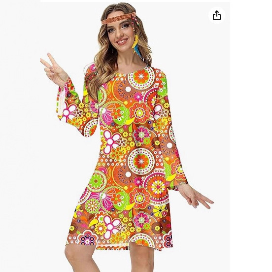 Cross-Border European and American Amazon Halloween Printed Dress Era Hippie Trumpet Sleeve Round Neck Dress