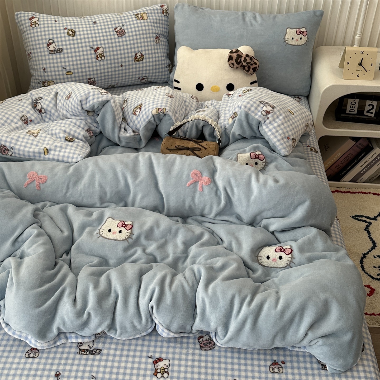 韩系ins可爱KT猫咪毛巾绣牛奶绒四件套冬天加厚珊瑚绒三件套床笠4