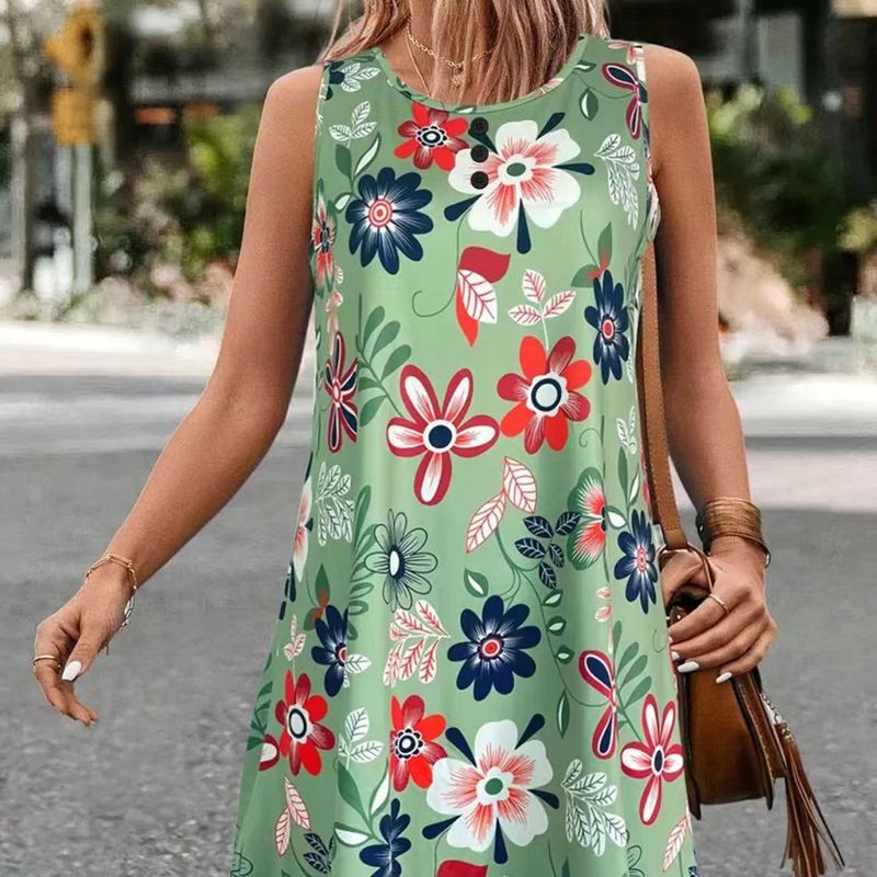 優雅な新型の婦人服の夏の花の丸首の通勤ベストの中で長いタイプの膝のワンピースのプリント|undefined