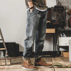 重磅做旧牛仔裤男春季男士宽松直筒潮牌裤子男春秋款阔腿锥形裤男