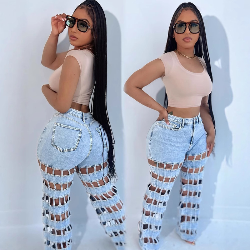 250514 Women's Trendy Jeans European and American Cross-Border Women's Clothing Amazon Fashion Hollow Hole Checkered Straight-Leg Pants