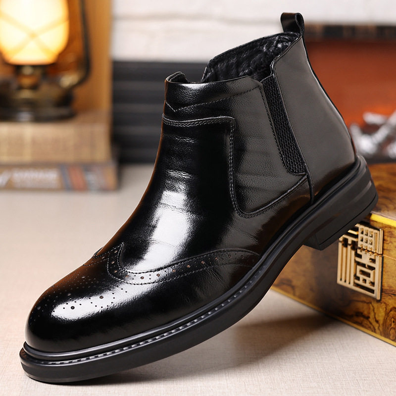 Giày bốt Martin nam da bò thật cổ trung, mũi nhọn, khóa kéo bên hông, gót 3–5 cm — Bốn mùa đen, Lông cừu đen