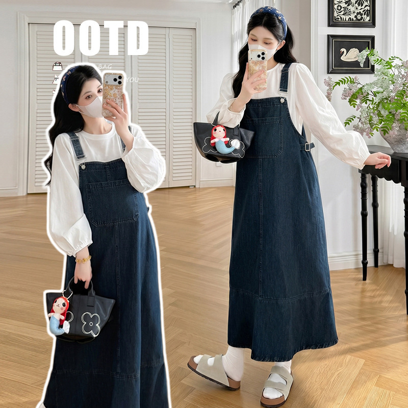 2026 Autumn New Vintage Fishtail Skirt Maternity Denim Overalls + Spliced Sleeve T-shirt Maternity Set 2026 Autumn New Vintage Fishtail Skirt Maternity Denim Overalls + Spliced Sleeve T-shirt Maternity Set