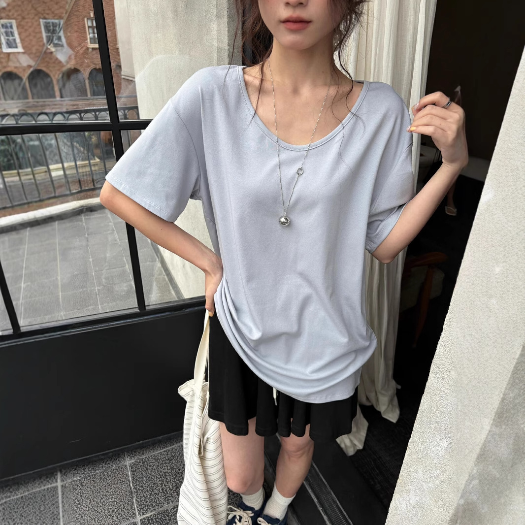KITTIN estándar coreano! Estilo perezoso suelta gran cuello en U casual todo fósforo camiseta de manga corta para mujer verano nuevo estilo top R3268 image 2