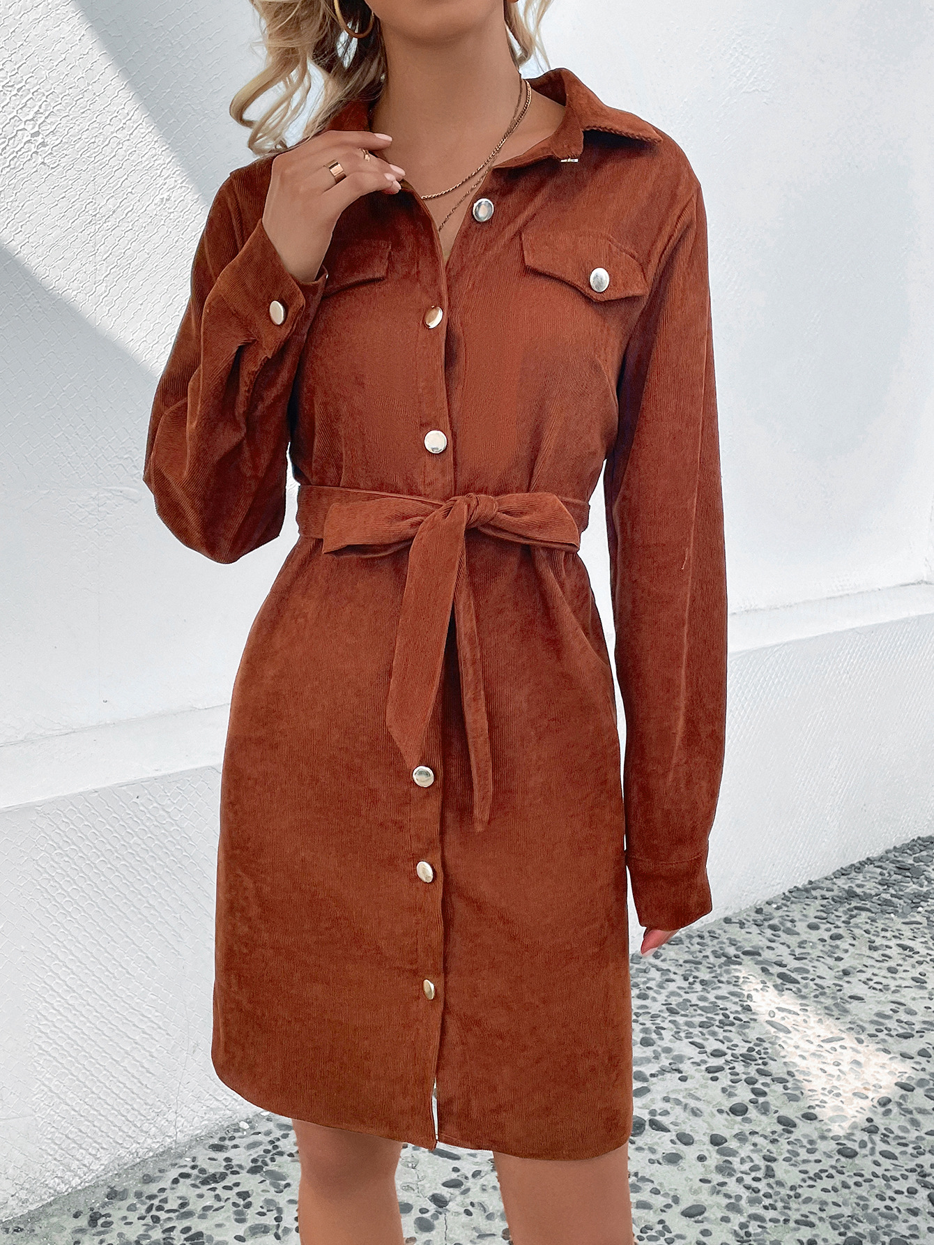 Women Collared Corduroy Belt Dress Spring Autumn Winter Women Clothing
