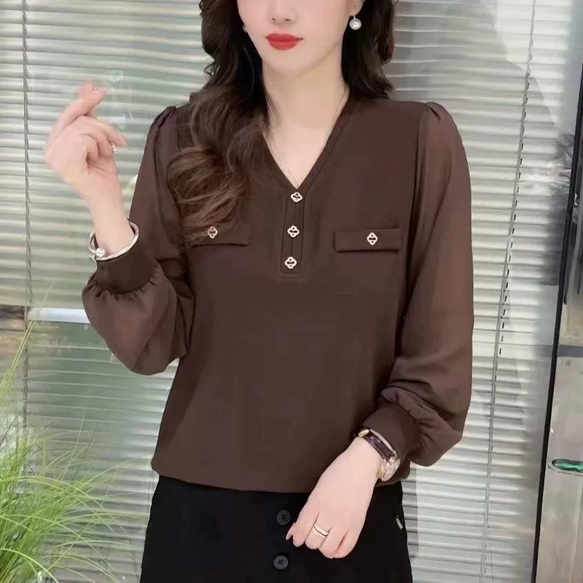 Весна и осень футболка с длинными рукавами модная женщина 2025 новая шифоновая рубашка свободная и тонкая, чтобы покрыть живот высокого класса кружева V-образным вырезом