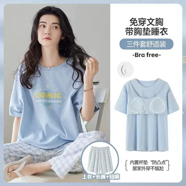 Blue top with cups, set with letters, shorts, trousers, 3 piece set, with short sleeve