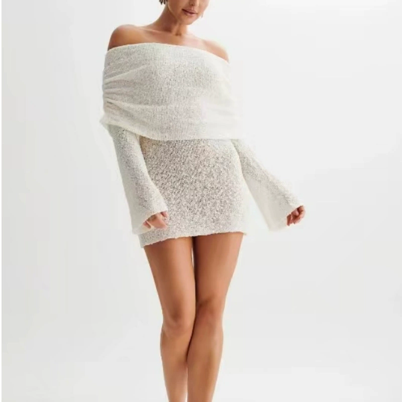 Вязаное короткое пляжное платье для женщин, открытые плечи, длин sleeves, европейский стиль, сексуальное мини