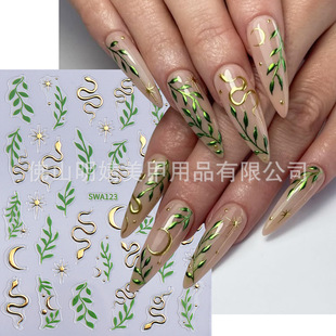 Cross-Border New Hot Stamping Nail Art Stickers Ins Style Leaf Snake Pattern Gold and Silver Bohemian Sun Star Nail Stickers