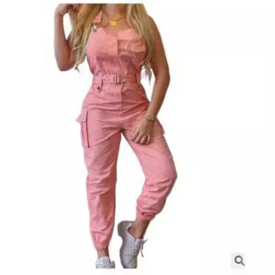 European and American-style women's utility-pocket design jumpsuit—sleeveless overalls with ankle-tight fit and a matching belt