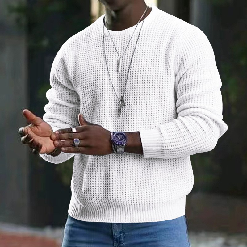 Men's T emu Solid Color Waffle Long Sleeve T-shirt Spring and Autumn New Round Neck Top for Men_voghion.com