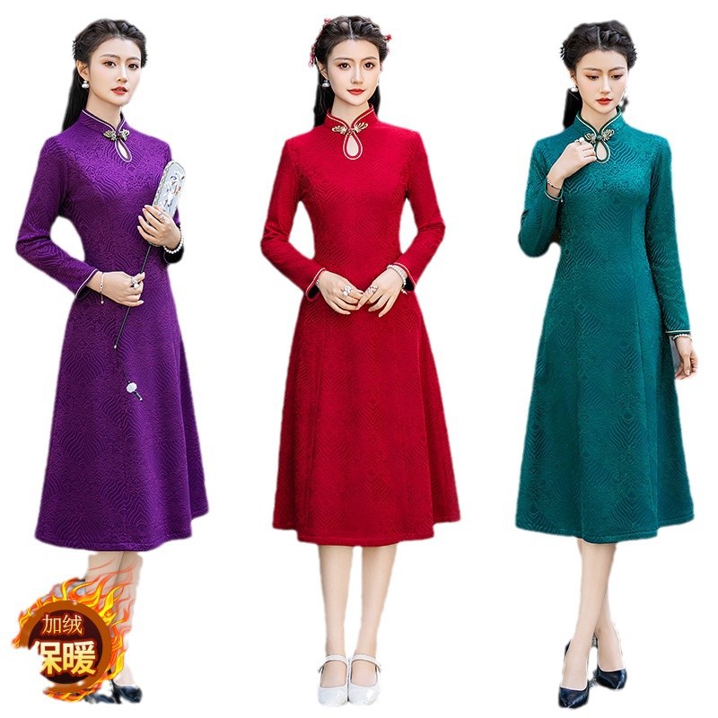 중년 여성 의류 어머니 기모 두꺼운 원피스 랩넥 긴 소매 레트로 소프트 수정 당나라 원피스 베이스 스커트