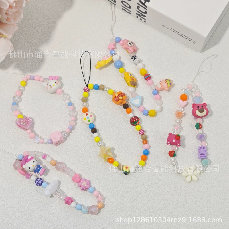Браслет с мультяшным котом KT, клубничный медведь, Губка Боб, цепочка для телефона, подвеска для телефона, ручной работы, бисерный браслет, украшение своими руками