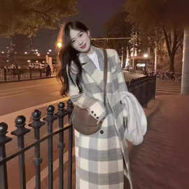 韩版格子毛呢外套女2024新款秋冬季中长款休闲气质赫本风呢子大衣