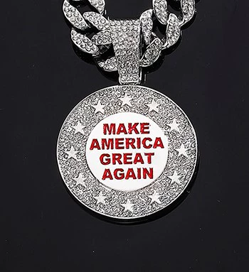 Ожерелье, хип‑хоп подвес с полным инкрустацией «MAKE AMERICA GREAT AGAIN», золото/серебро, опция 18" кубинская цепь