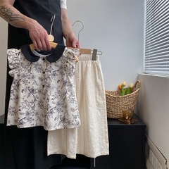 2024 spring and summer Korean style girls summer shirt short-sleeved doll collar floral contrast half-sleeved top children's shirt