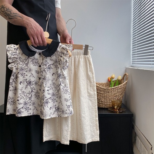 2024 spring and summer Korean style girls summer shirt short-sleeved doll collar floral contrast half-sleeved top children's shirt