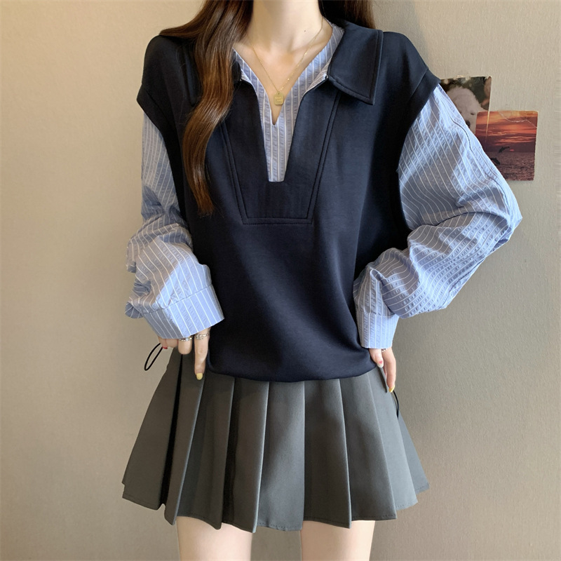 胖MM2025新款秋装女装韩版设计条纹衬衫宽松百搭假两件上衣A6694|undefined
