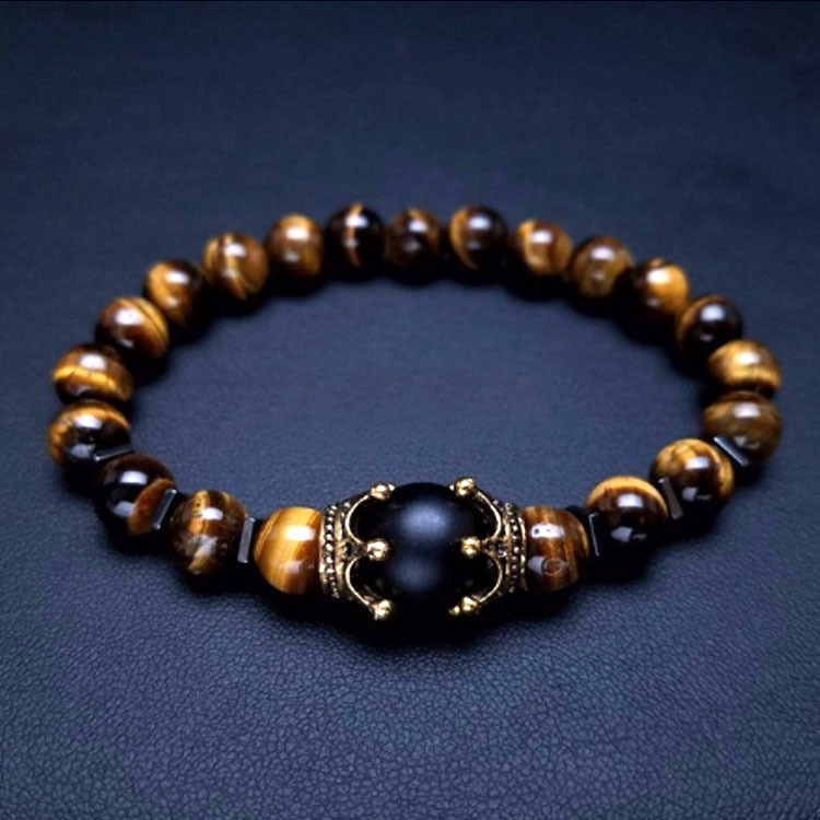 Men's Black Frosted White Pine Bracelet 8mm Stamping Rope Beaded Black Gallstone Volcano Tiger Eye Frosted Crown Bracelet Men's Black Frosted White Pine Bracelet 8mm Stamping Rope Beaded Black Gallstone Volcano Tiger Eye Frosted Crown Bracelet