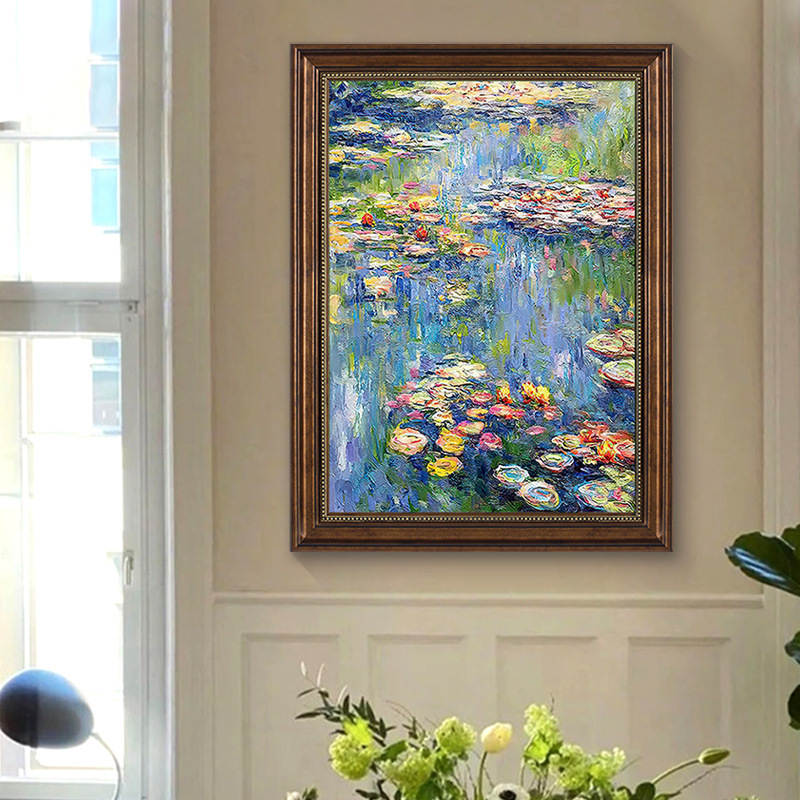 Monet Decorative Painting Water Lily Imitation Oil Painting American Entrance Hanging Painting European Retro Living Room Corridor Aisle Vertical Mural