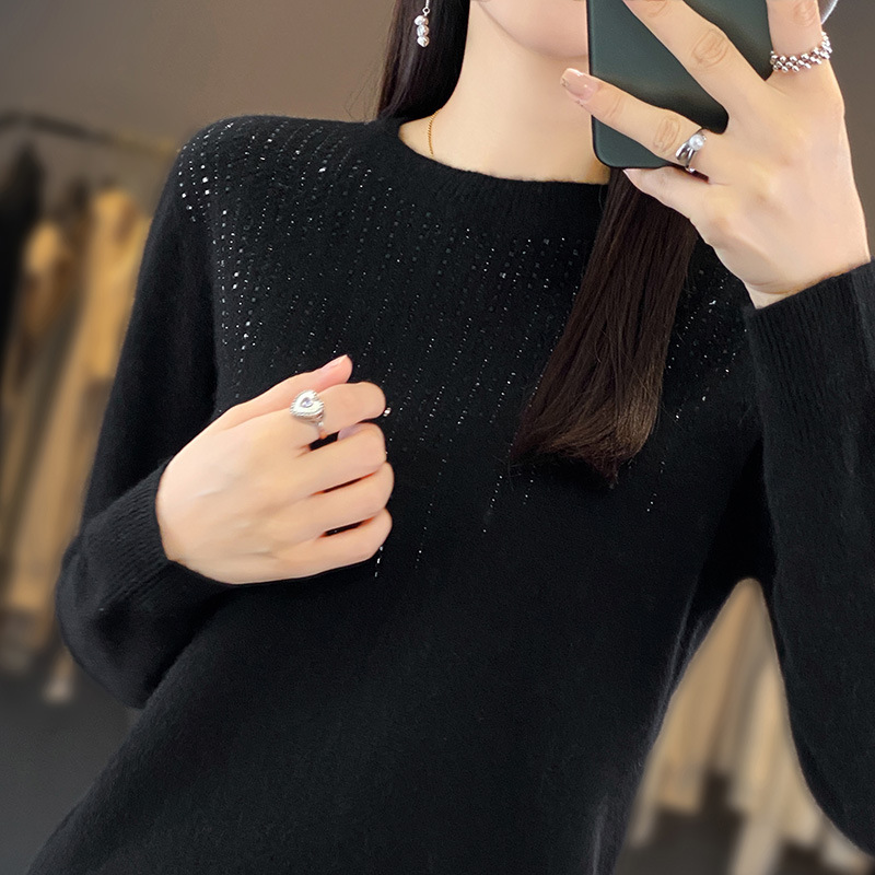 Ropa de primera línea sin costuras 2023 otoño e invierno nuevas mujeres cuello redondo Jersey de manga larga con lentejuelas camisa de fondo de punto Andy Velvet