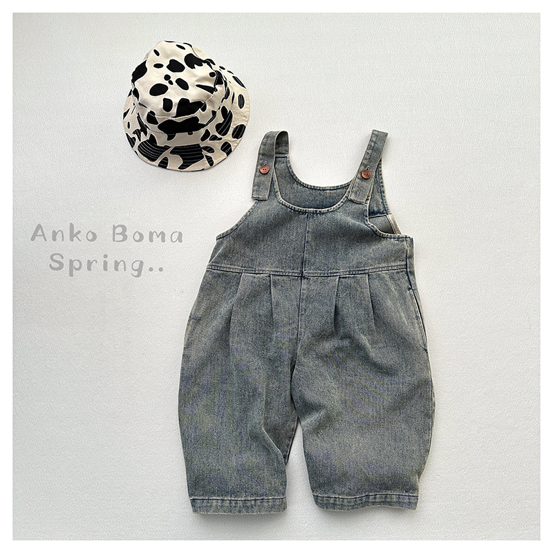 Summer and Autumn New Arrival Unisex Korean Style Simple Matchable Onesie for Kids, Retro Cute Trendy Light Blue Denim Overalls with Pockets