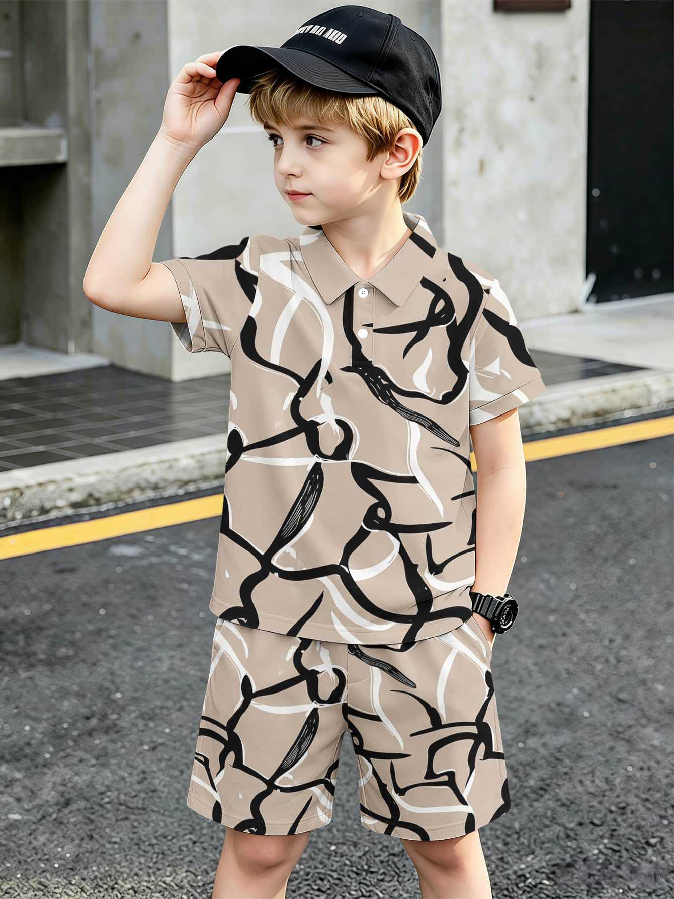 Conjunto de polo e calções para menino com estampado 3d_voghion.com