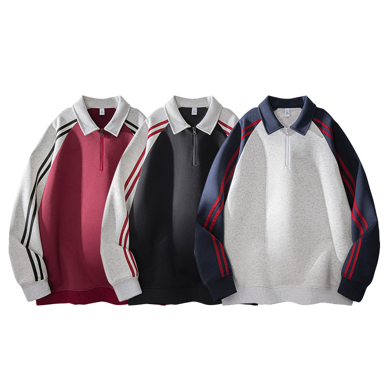 American-style striped half-zip collar sweatshirt for men, autumn trendy brand, college style, loose fit, versatile, couple's sports trendy top American-style striped half-zip collar sweatshirt for men, autumn trendy brand, college style, loose fit, versatile, couple's sports trendy top