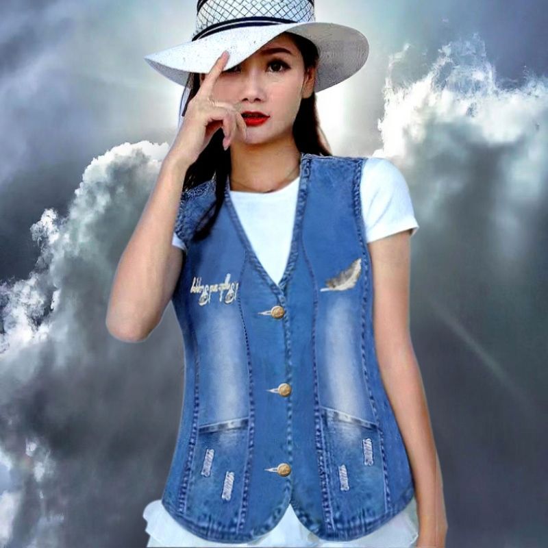 Spring and Summer Denim Cotton Embroidered Slim Cardigan for Young and Middle-Aged Women, Autumn and Winter Women's Vest