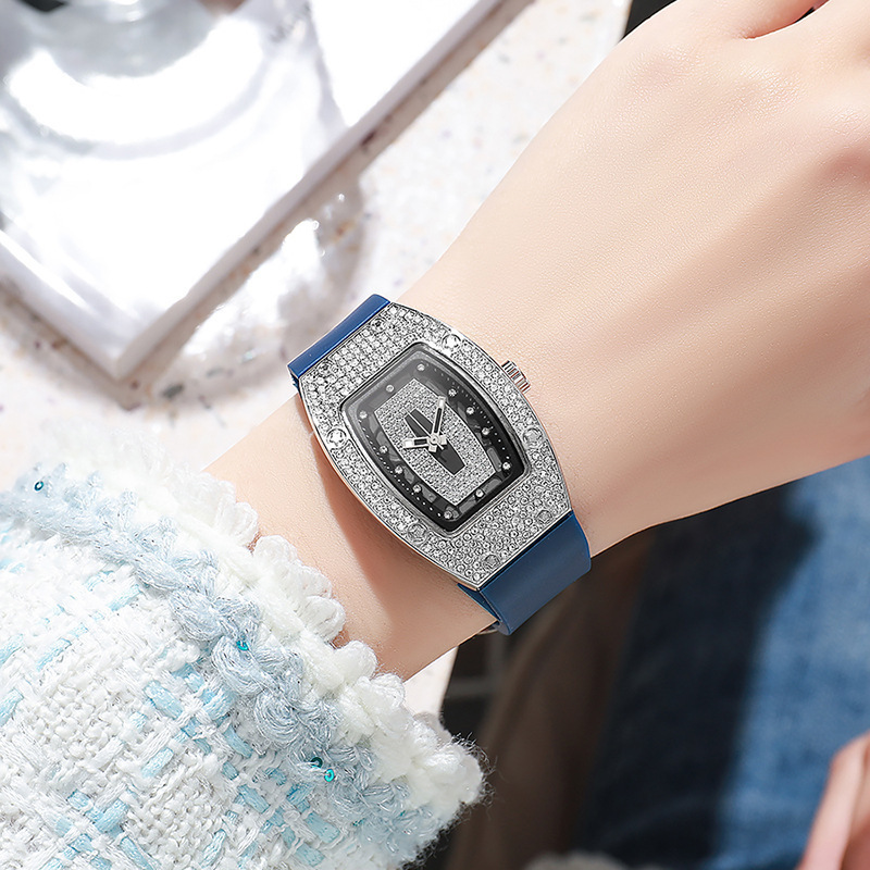 Barrel-shaped Diamond-inlaid Quartz Strap Women's Watch Fashion Trendy Temperament Ladies Wristwatch Silicone Watch Wholesale White