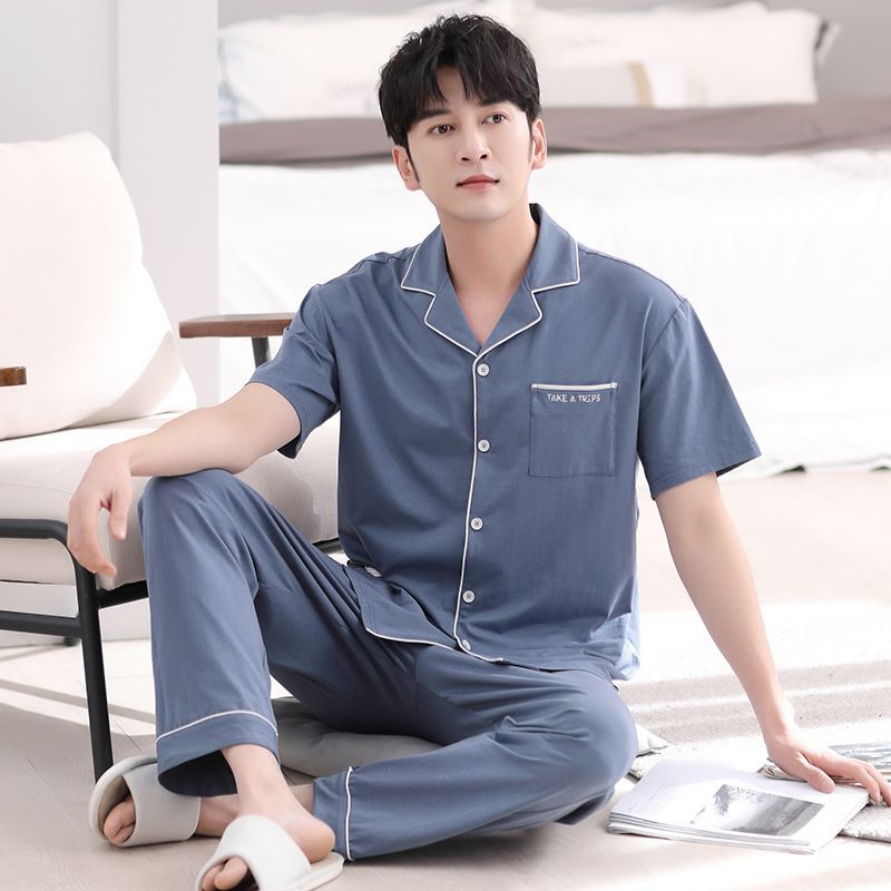 Pijamas de verano de los hombres 100% algodón pantalones de manga corta delgada verano de los hombres cardigan verano más tamaño homewear