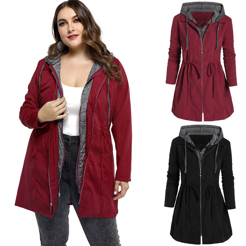 Amazon AliExpress Long Women's Autumn and Winter Coat Double Row Zipper Fake Two-piece Hooded plus size Style Clothes for Women