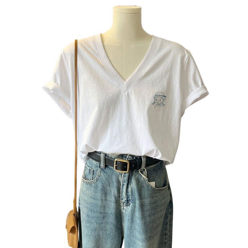 ヨーロッパ綿 V ネック半袖 T シャツ女性のための 2025 新しい夏のニッチデザイン西洋スタイルユニークでシックなトップ服|undefined