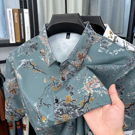 Dropshipping Floral Shirt Summer Middle-Aged Men's Short-Sleeved Shirt Ice Silk Printed Shirt Loose and Handsome T-Shirt Dropshipping Floral Shirt Summer Middle-Aged Men's Short-Sleeved Shirt Ice Silk Printed Shirt Loose and Handsome T-Shirt