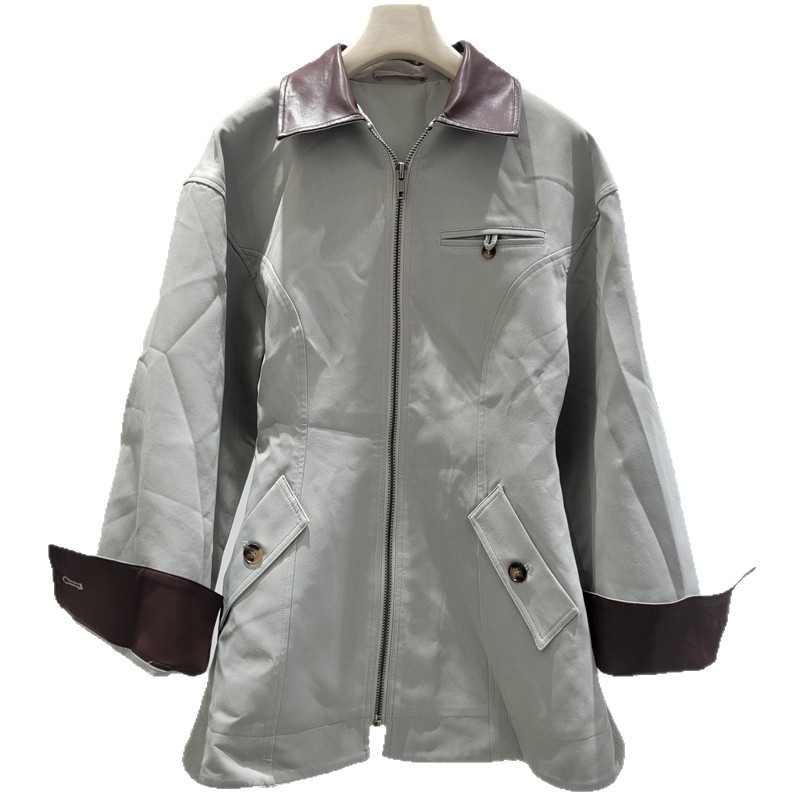 2026 primavera manga larga pu cuello de empalme cintura traje de vuelo chaqueta de viento chaqueta con cremallera delgada